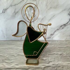 Elegant Green & Gold Stained Glass Angel Figurine Playing Harp